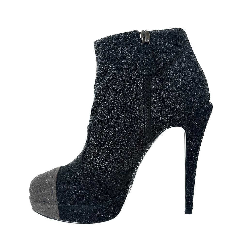 Chanel Black CC Sparkle Glitter Cap Toe Platform Short Boots IT 39